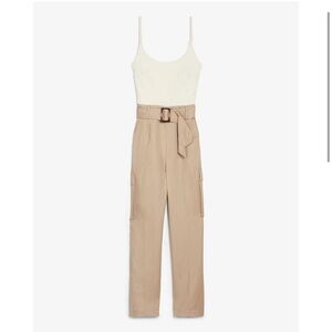 Express Belted Linen Blend Cargo Utility Cream Tan Beige Neutral Jumpsuit XS